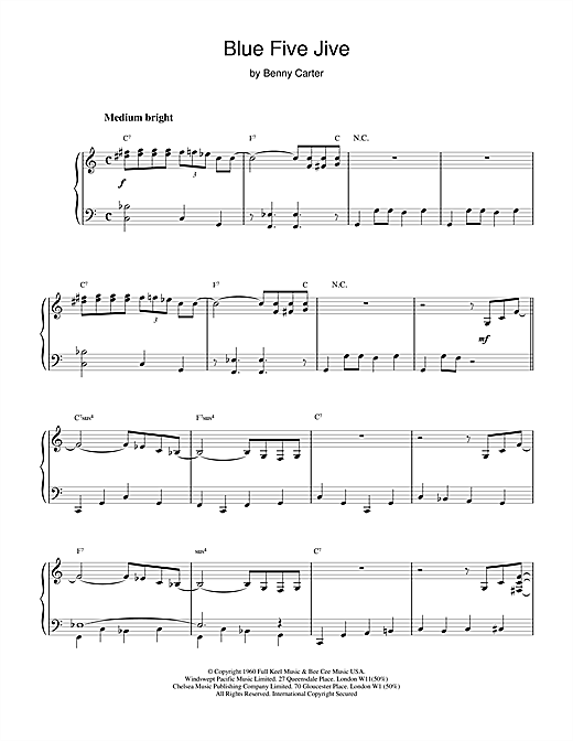 Preview Benny Carter Blue Five Jive Jazz sheet music, notes and chords for Piano, SKU: 18737 sheet music, piano notes, chords, guitar tabs, score, transpose, transcribe, how to play, guide, download, learn, tutorial, progression, song, artist, awards, billboard, mtv, vh1, tour, single, album, release