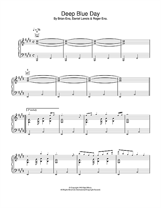 Preview Brian Eno Deep Blue Day Rock sheet music, notes and chords for Piano, Vocal & Guitar (Right-Hand Melody), SKU: 18756 sheet music, piano notes, chords, guitar tabs, score, transpose, transcribe, how to play, guide, download, learn, tutorial, progression, song, artist, awards, billboard, mtv, vh1, tour, single, album, release