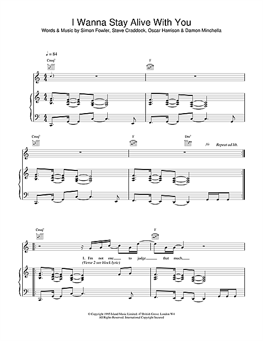 Preview Ocean Colour Scene I Wanna Stay Alive With You Rock sheet music, notes and chords for Piano, Vocal & Guitar, SKU: 18759 sheet music, piano notes, chords, guitar tabs, score, transpose, transcribe, how to play, guide, download, learn, tutorial, progression, song, artist, awards, billboard, mtv, vh1, tour, single, album, release