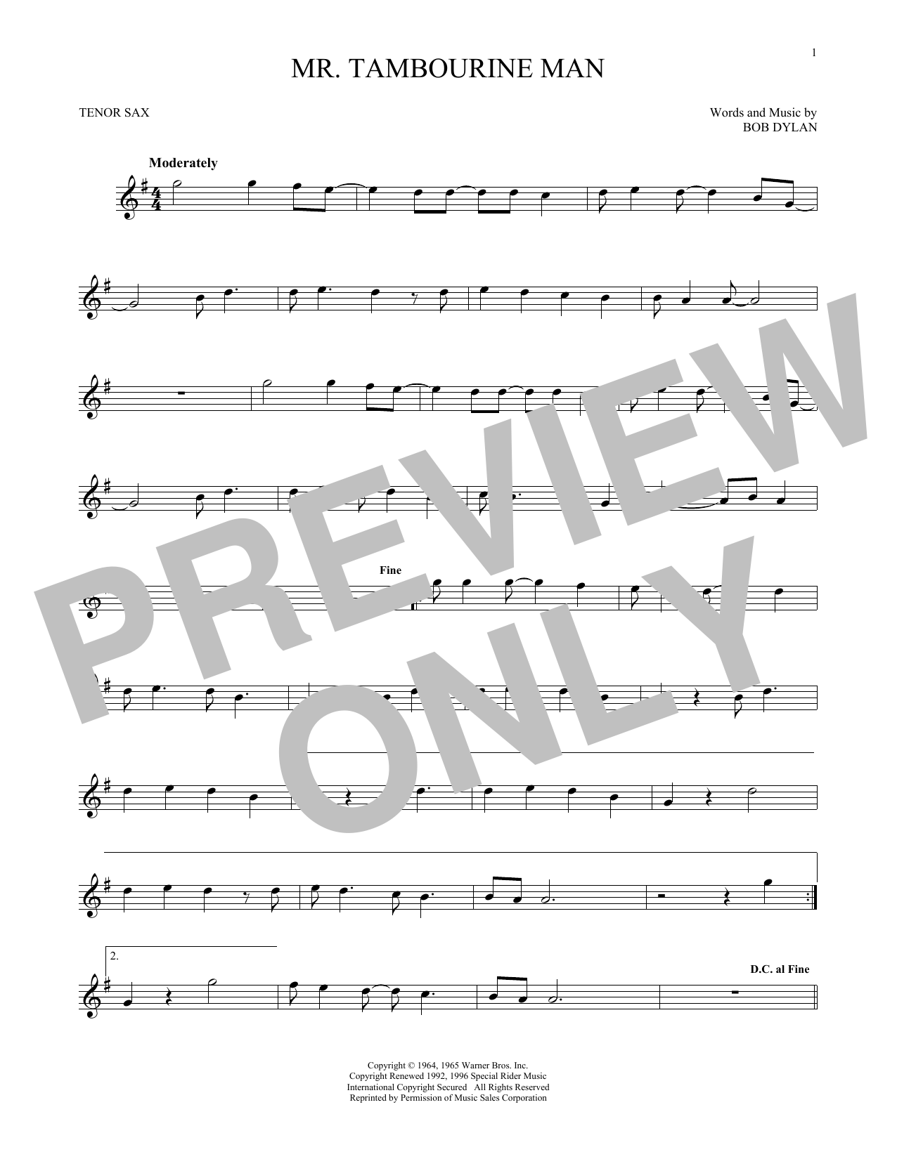 Bob Dylan Mr Tambourine Man Sheet Music Download Pdf Score