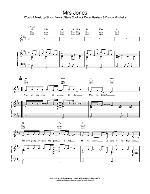 Preview Ocean Colour Scene Mrs Jones Rock sheet music, notes and chords for Piano, Vocal & Guitar (Right-Hand Melody), SKU: 18764 sheet music, piano notes, chords, guitar tabs, score, transpose, transcribe, how to play, guide, download, learn, tutorial, progression, song, artist, awards, billboard, mtv, vh1, tour, single, album, release