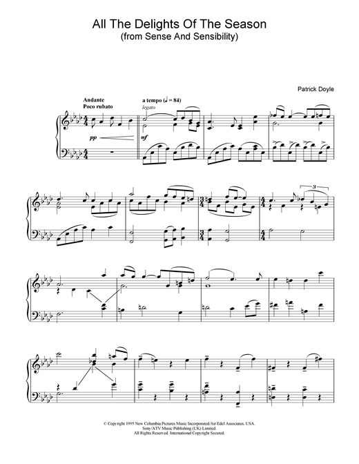 Preview Patrick Doyle All The Delights Of The Season (from Sense And Sensibility) Film and TV sheet music, notes and chords for Piano, SKU: 18775 sheet music, piano notes, chords, guitar tabs, score, transpose, transcribe, how to play, guide, download, learn, tutorial, progression, song, artist, awards, billboard, mtv, vh1, tour, single, album, release