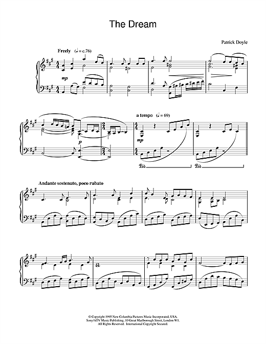 Preview Patrick Doyle The Dream Film and TV sheet music, notes and chords for Piano, SKU: 18777 sheet music, piano notes, chords, guitar tabs, score, transpose, transcribe, how to play, guide, download, learn, tutorial, progression, song, artist, awards, billboard, mtv, vh1, tour, single, album, release