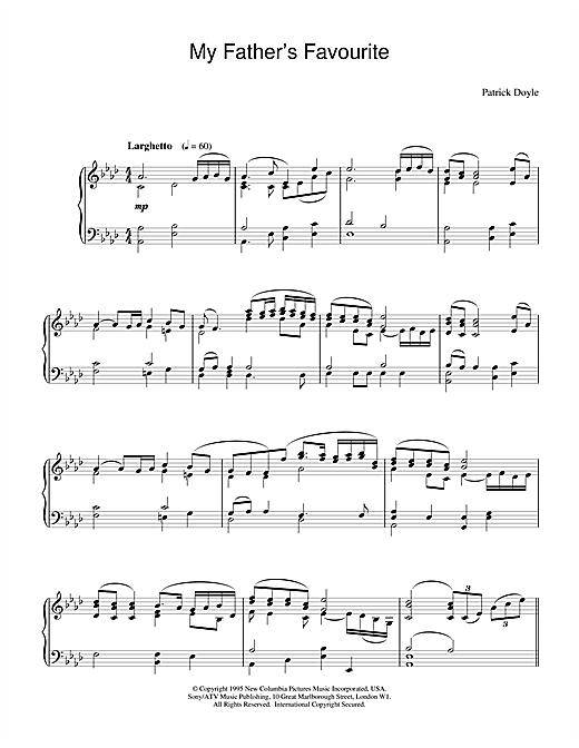 Preview Patrick Doyle My Father's Favourite Film and TV sheet music, notes and chords for Piano, SKU: 18778 sheet music, piano notes, chords, guitar tabs, score, transpose, transcribe, how to play, guide, download, learn, tutorial, progression, song, artist, awards, billboard, mtv, vh1, tour, single, album, release
