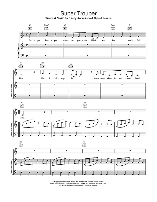 Preview ABBA Super Trouper Pop sheet music, notes and chords for Piano, Vocal & Guitar, SKU: 18782 sheet music, piano notes, chords, guitar tabs, score, transpose, transcribe, how to play, guide, download, learn, tutorial, progression, song, artist, awards, billboard, mtv, vh1, tour, single, album, release