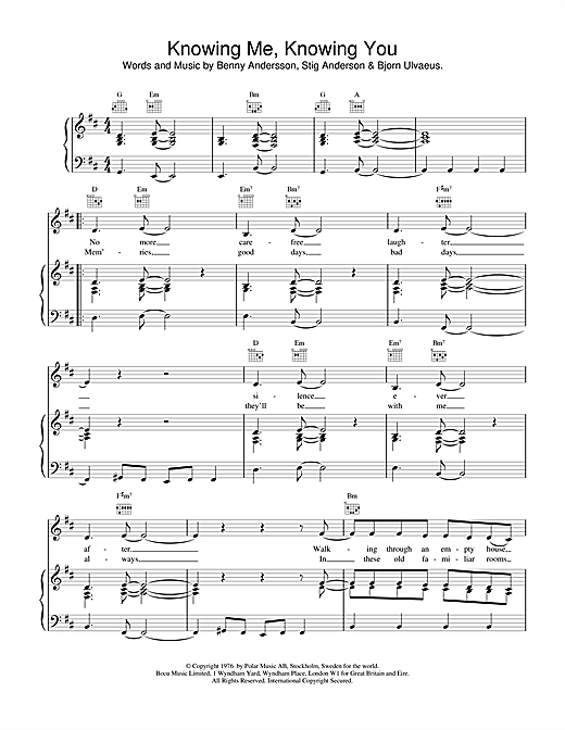 Preview ABBA Knowing Me, Knowing You Pop sheet music, notes and chords for Piano, Vocal & Guitar (Right-Hand Melody), SKU: 18783 sheet music, piano notes, chords, guitar tabs, score, transpose, transcribe, how to play, guide, download, learn, tutorial, progression, song, artist, awards, billboard, mtv, vh1, tour, single, album, release