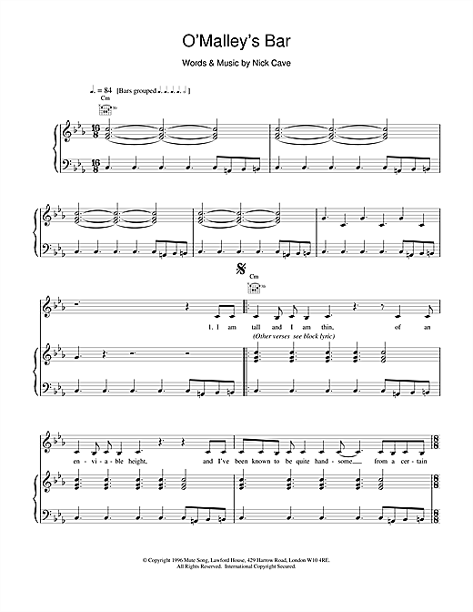 Preview Nick Cave O'Malley's Bar Pop sheet music, notes and chords for Piano, Vocal & Guitar, SKU: 18788 sheet music, piano notes, chords, guitar tabs, score, transpose, transcribe, how to play, guide, download, learn, tutorial, progression, song, artist, awards, billboard, mtv, vh1, tour, single, album, release