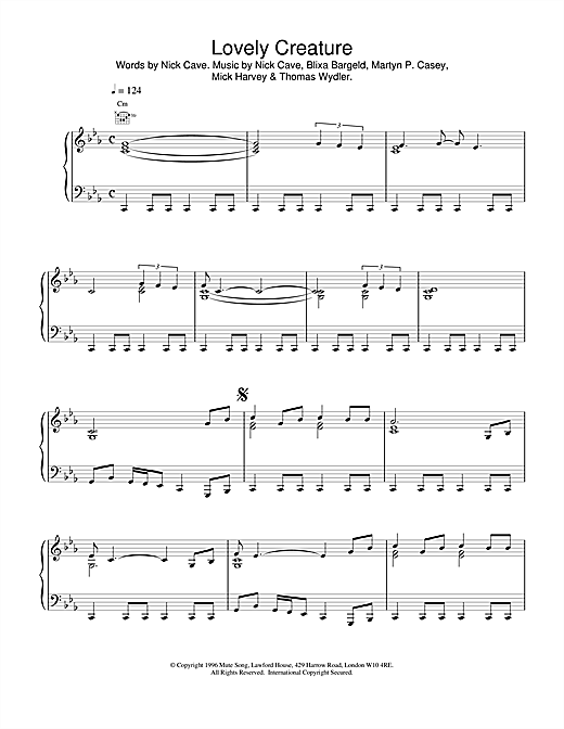 Preview Nick Cave Lovely Creature Pop sheet music, notes and chords for Piano, Vocal & Guitar (Right-Hand Melody), SKU: 18790 sheet music, piano notes, chords, guitar tabs, score, transpose, transcribe, how to play, guide, download, learn, tutorial, progression, song, artist, awards, billboard, mtv, vh1, tour, single, album, release