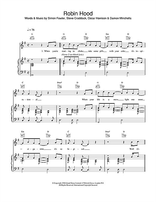 Preview Ocean Colour Scene Robin Hood Rock sheet music, notes and chords for Piano, Vocal & Guitar (Right-Hand Melody), SKU: 18793 sheet music, piano notes, chords, guitar tabs, score, transpose, transcribe, how to play, guide, download, learn, tutorial, progression, song, artist, awards, billboard, mtv, vh1, tour, single, album, release
