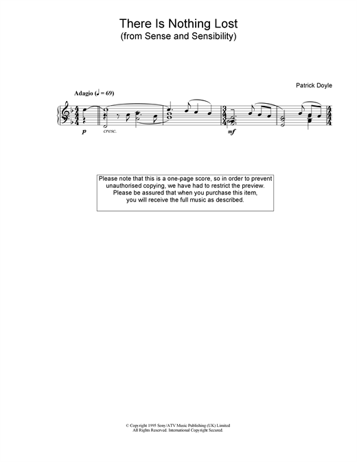 Preview Patrick Doyle There Is Nothing Lost (from Sense And Sensibility) Film and TV sheet music, notes and chords for Piano, SKU: 18794 sheet music, piano notes, chords, guitar tabs, score, transpose, transcribe, how to play, guide, download, learn, tutorial, progression, song, artist, awards, billboard, mtv, vh1, tour, single, album, release