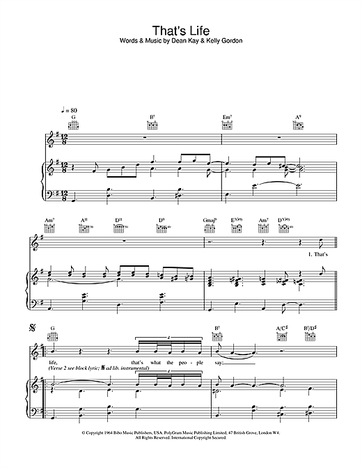 Preview Frank Sinatra That's Life Jazz sheet music, notes and chords for Piano, Vocal & Guitar (Right-Hand Melody), SKU: 18799 sheet music, piano notes, chords, guitar tabs, score, transpose, transcribe, how to play, guide, download, learn, tutorial, progression, song, artist, awards, billboard, mtv, vh1, tour, single, album, release