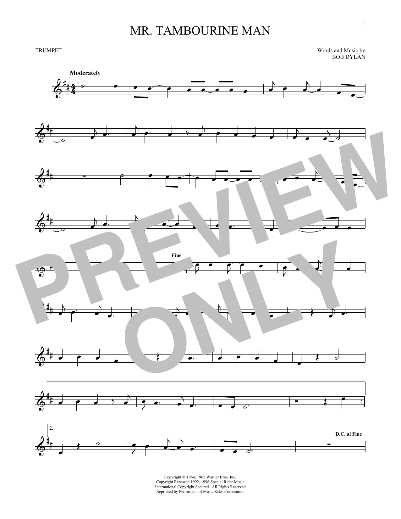 Bob Dylan Mr Tambourine Man Sheet Music Download Pdf Score 1065