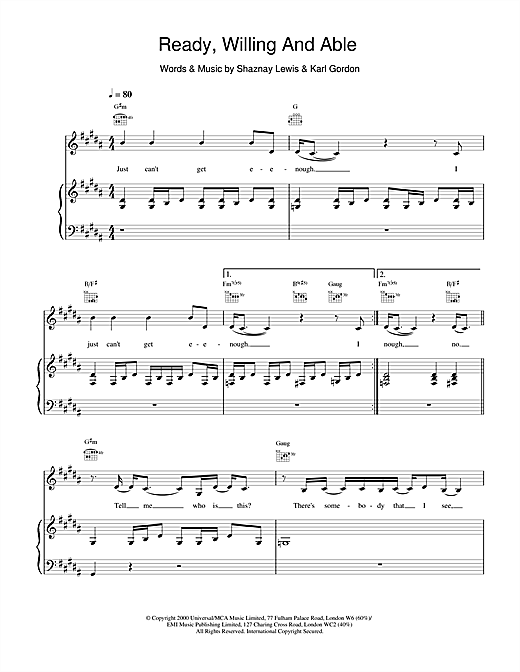 Preview All Saints Ready, Willing And Able R & B sheet music, notes and chords for Piano, Vocal & Guitar, SKU: 18806 sheet music, piano notes, chords, guitar tabs, score, transpose, transcribe, how to play, guide, download, learn, tutorial, progression, song, artist, awards, billboard, mtv, vh1, tour, single, album, release