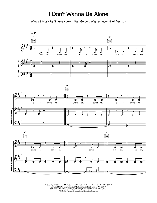 Preview All Saints I Don't Wanna Be Alone R & B sheet music, notes and chords for Piano, Vocal & Guitar, SKU: 18807 sheet music, piano notes, chords, guitar tabs, score, transpose, transcribe, how to play, guide, download, learn, tutorial, progression, song, artist, awards, billboard, mtv, vh1, tour, single, album, release