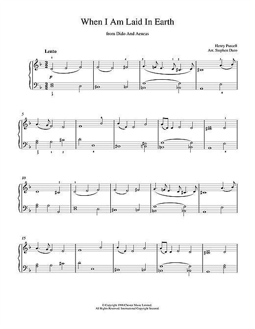 Preview Henry Purcell When I Am Laid In Earth from Dido And Aeneas Classical sheet music, notes and chords for Piano, SKU: 18817 sheet music, piano notes, chords, guitar tabs, score, transpose, transcribe, how to play, guide, download, learn, tutorial, progression, song, artist, awards, billboard, mtv, vh1, tour, single, album, release