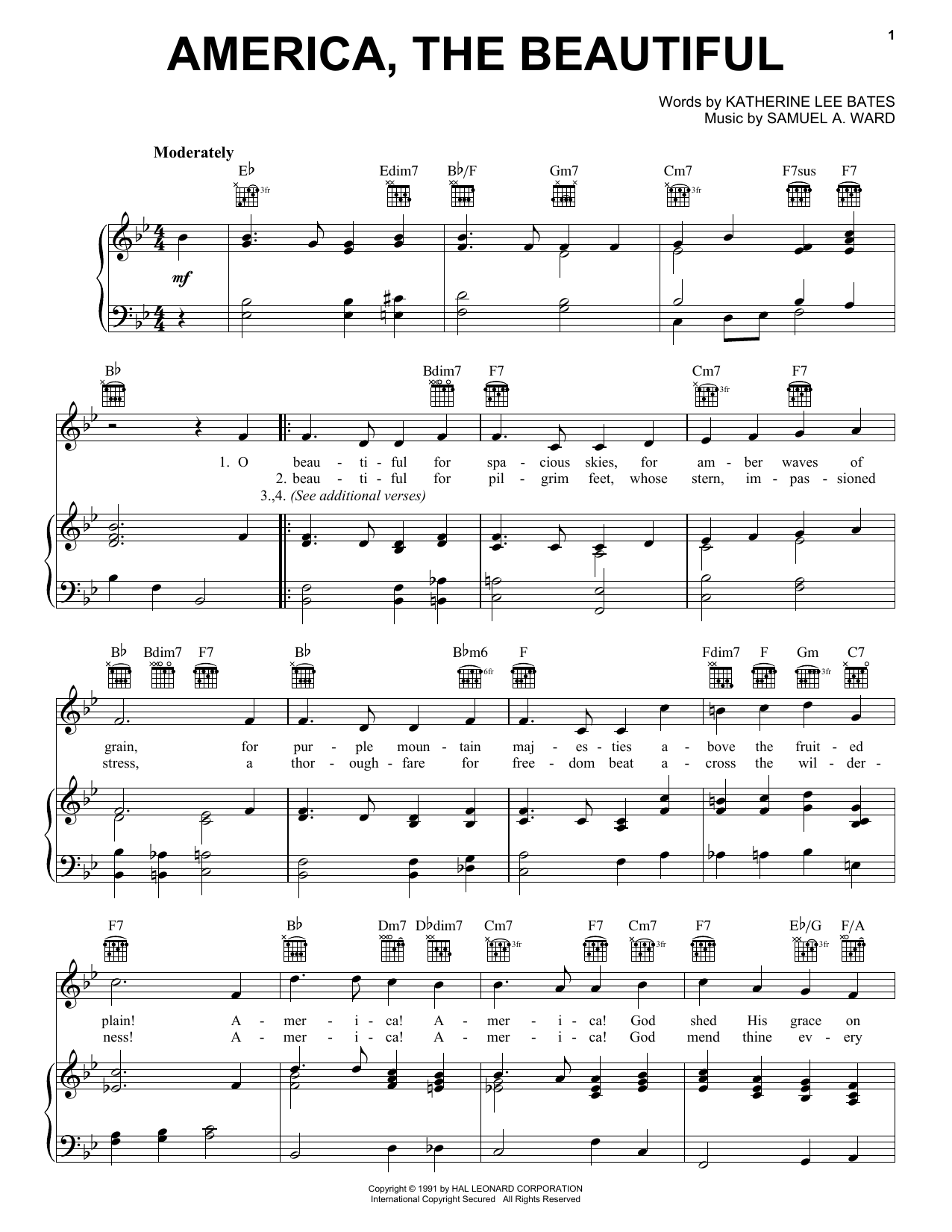 Preview Katharine Lee Bates America, The Beautiful Hymn sheet music, notes and chords for Piano, Vocal & Guitar (Right-Hand Melody), SKU: 18832 sheet music, piano notes, chords, guitar tabs, score, transpose, transcribe, how to play, guide, download, learn, tutorial, progression, song, artist, awards, billboard, mtv, vh1, tour, single, album, release