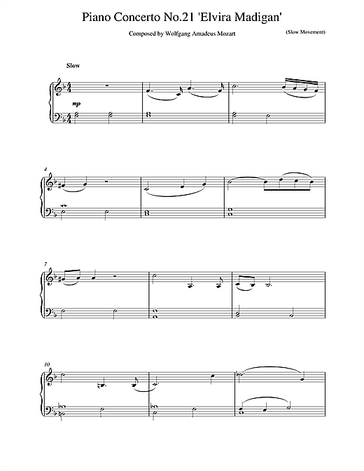 Preview Wolfgang Amadeus Mozart Piano Concerto No.21 in C Major (Elvira Madigan), 2nd Movement Excerpt Classical sheet music, notes and chords for Piano, SKU: 18847 sheet music, piano notes, chords, guitar tabs, score, transpose, transcribe, how to play, guide, download, learn, tutorial, progression, song, artist, awards, billboard, mtv, vh1, tour, single, album, release