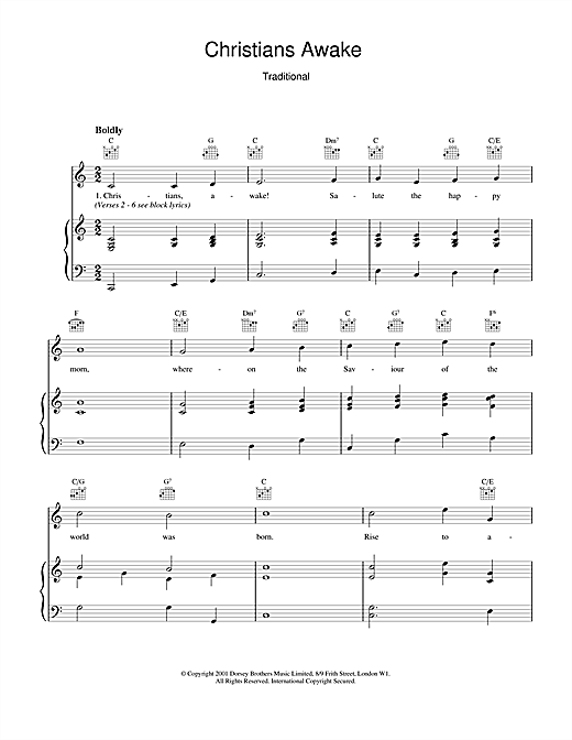 Preview Christmas Carol Christians Awake Christmas sheet music, notes and chords for Piano, Vocal & Guitar (Right-Hand Melody), SKU: 18857 sheet music, piano notes, chords, guitar tabs, score, transpose, transcribe, how to play, guide, download, learn, tutorial, progression, song, artist, awards, billboard, mtv, vh1, tour, single, album, release