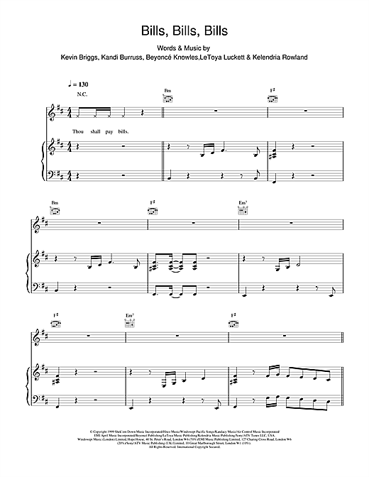 Preview Destiny's Child Bills, Bills, Bills R & B sheet music, notes and chords for Piano, Vocal & Guitar, SKU: 18866 sheet music, piano notes, chords, guitar tabs, score, transpose, transcribe, how to play, guide, download, learn, tutorial, progression, song, artist, awards, billboard, mtv, vh1, tour, single, album, release