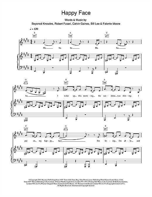 Preview Destiny's Child Happy Face R & B sheet music, notes and chords for Piano, Vocal & Guitar, SKU: 18871 sheet music, piano notes, chords, guitar tabs, score, transpose, transcribe, how to play, guide, download, learn, tutorial, progression, song, artist, awards, billboard, mtv, vh1, tour, single, album, release