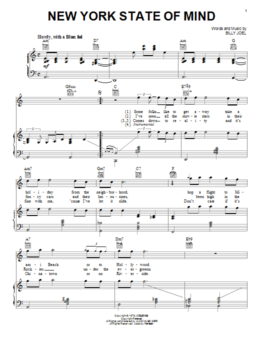 Preview Billy Joel New York State Of Mind Jazz sheet music, notes and chords for Piano, Vocal & Guitar (Right-Hand Melody), SKU: 18877 sheet music, piano notes, chords, guitar tabs, score, transpose, transcribe, how to play, guide, download, learn, tutorial, progression, song, artist, awards, billboard, mtv, vh1, tour, single, album, release