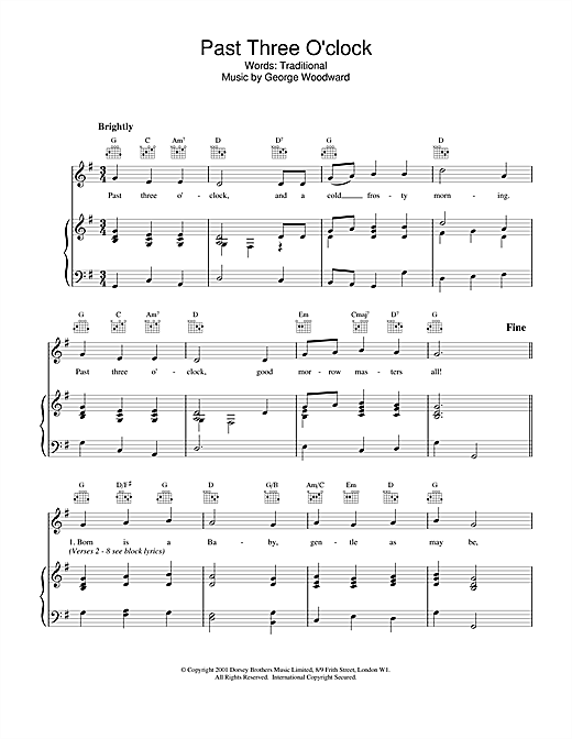 Preview Traditional Past Three O Clock Christmas sheet music, notes and chords for Piano & Vocal, SKU: 18910 sheet music, piano notes, chords, guitar tabs, score, transpose, transcribe, how to play, guide, download, learn, tutorial, progression, song, artist, awards, billboard, mtv, vh1, tour, single, album, release
