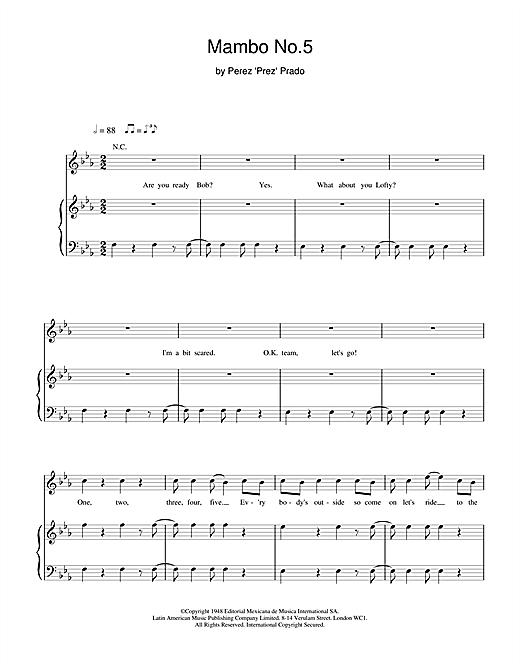 Preview Bob the Builder Mambo No. 5 (A Little Bit Of... ) Children sheet music, notes and chords for Piano, Vocal & Guitar (Right-Hand Melody), SKU: 18916 sheet music, piano notes, chords, guitar tabs, score, transpose, transcribe, how to play, guide, download, learn, tutorial, progression, song, artist, awards, billboard, mtv, vh1, tour, single, album, release