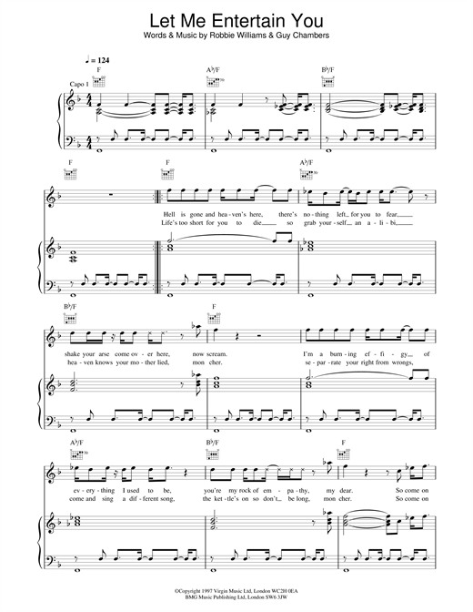 Preview Robbie Williams Let Me Entertain You Pop sheet music, notes and chords for Piano, Vocal & Guitar (Right-Hand Melody), SKU: 18922 sheet music, piano notes, chords, guitar tabs, score, transpose, transcribe, how to play, guide, download, learn, tutorial, progression, song, artist, awards, billboard, mtv, vh1, tour, single, album, release