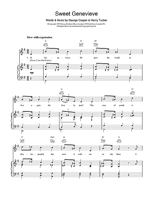 Preview George Cooper Sweet Genevieve Classics sheet music, notes and chords for Piano, Vocal & Guitar (Right-Hand Melody), SKU: 18942 sheet music, piano notes, chords, guitar tabs, score, transpose, transcribe, how to play, guide, download, learn, tutorial, progression, song, artist, awards, billboard, mtv, vh1, tour, single, album, release