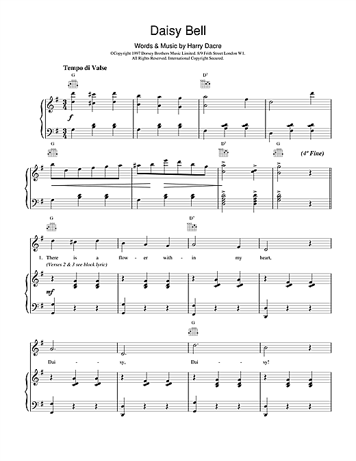 Preview Harry Dacre Daisy Bell Classics sheet music, notes and chords for Piano, Vocal & Guitar (Right-Hand Melody), SKU: 18943 sheet music, piano notes, chords, guitar tabs, score, transpose, transcribe, how to play, guide, download, learn, tutorial, progression, song, artist, awards, billboard, mtv, vh1, tour, single, album, release