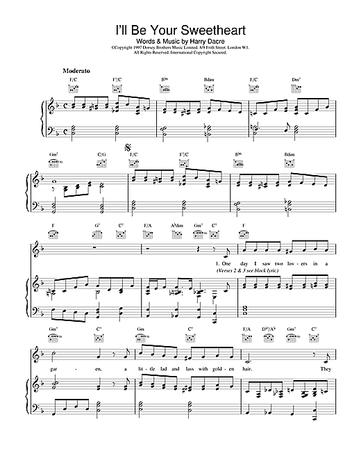 Preview Harry Dacre I'll Be Your Sweetheart Classics sheet music, notes and chords for Piano, Vocal & Guitar (Right-Hand Melody), SKU: 18945 sheet music, piano notes, chords, guitar tabs, score, transpose, transcribe, how to play, guide, download, learn, tutorial, progression, song, artist, awards, billboard, mtv, vh1, tour, single, album, release