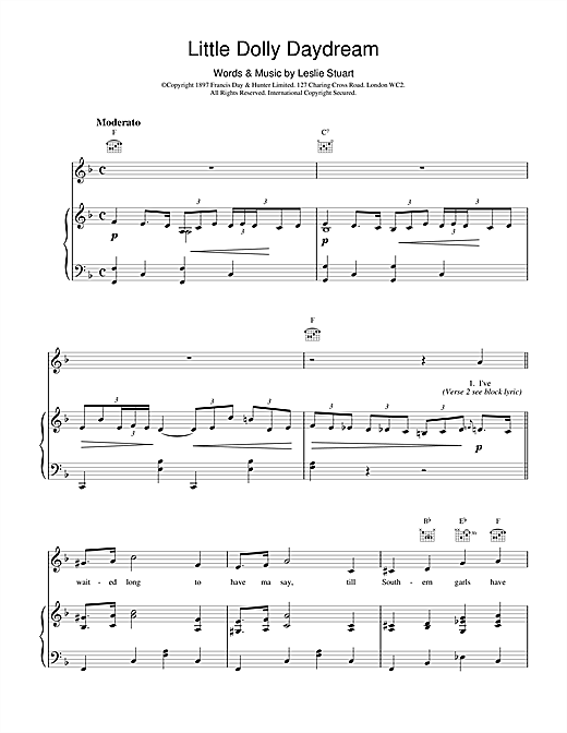 Preview Leslie Stuart Little Dolly Daydream Classics sheet music, notes and chords for Piano, Vocal & Guitar (Right-Hand Melody), SKU: 18947 sheet music, piano notes, chords, guitar tabs, score, transpose, transcribe, how to play, guide, download, learn, tutorial, progression, song, artist, awards, billboard, mtv, vh1, tour, single, album, release