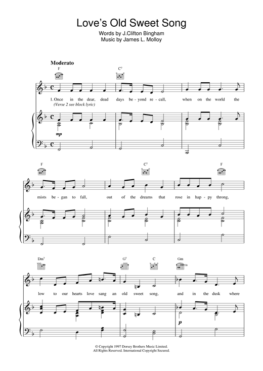 Preview James L. Molloy Love's Old Sweet Song Classics sheet music, notes and chords for Piano, Vocal & Guitar (Right-Hand Melody), SKU: 18949 sheet music, piano notes, chords, guitar tabs, score, transpose, transcribe, how to play, guide, download, learn, tutorial, progression, song, artist, awards, billboard, mtv, vh1, tour, single, album, release