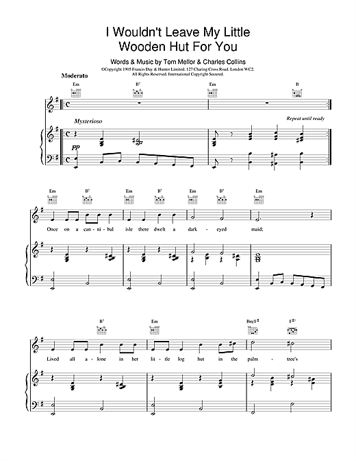 Preview Tom Mellor I Wouldn't Leave My Little Wooden Hut For You Classics sheet music, notes and chords for Piano, Vocal & Guitar (Right-Hand Melody), SKU: 18950 sheet music, piano notes, chords, guitar tabs, score, transpose, transcribe, how to play, guide, download, learn, tutorial, progression, song, artist, awards, billboard, mtv, vh1, tour, single, album, release