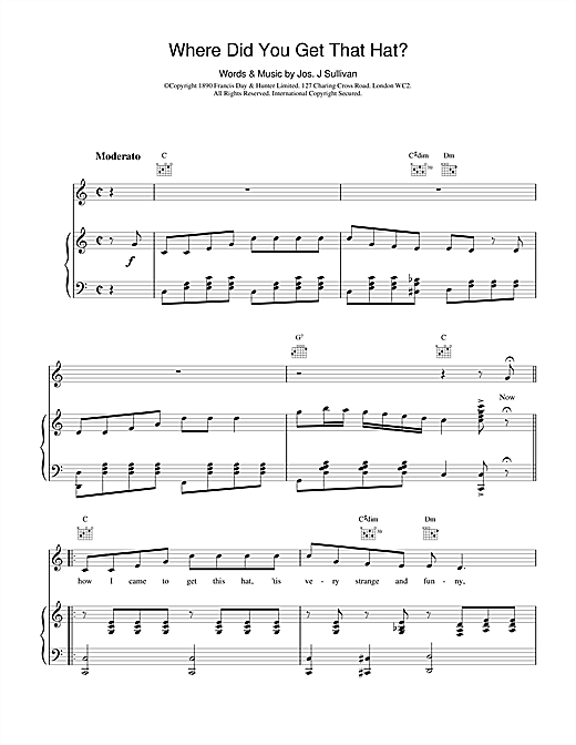 Preview Jos J Sullivan Where Did You Get That Hat? Classics sheet music, notes and chords for Piano, Vocal & Guitar, SKU: 18954 sheet music, piano notes, chords, guitar tabs, score, transpose, transcribe, how to play, guide, download, learn, tutorial, progression, song, artist, awards, billboard, mtv, vh1, tour, single, album, release