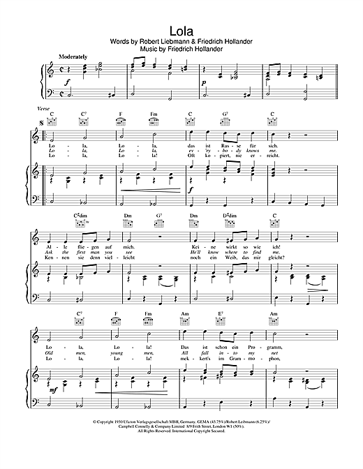 Preview Friedrich Hollaender & Robert Leibmann Lola Musicals sheet music, notes and chords for Piano, Vocal & Guitar (Right-Hand Melody), SKU: 18958 sheet music, piano notes, chords, guitar tabs, score, transpose, transcribe, how to play, guide, download, learn, tutorial, progression, song, artist, awards, billboard, mtv, vh1, tour, single, album, release