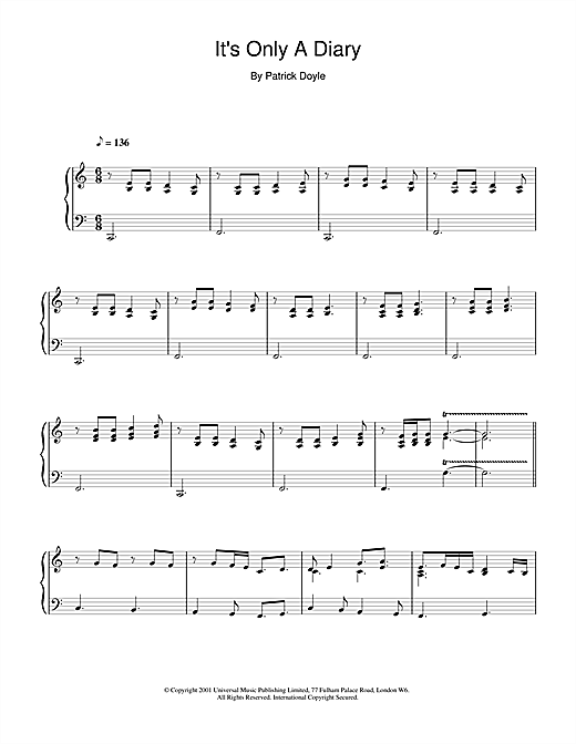 Preview Patrick Doyle It's Only A Diary (from Bridget Jones's Diary) Film and TV sheet music, notes and chords for Piano, SKU: 18973 sheet music, piano notes, chords, guitar tabs, score, transpose, transcribe, how to play, guide, download, learn, tutorial, progression, song, artist, awards, billboard, mtv, vh1, tour, single, album, release