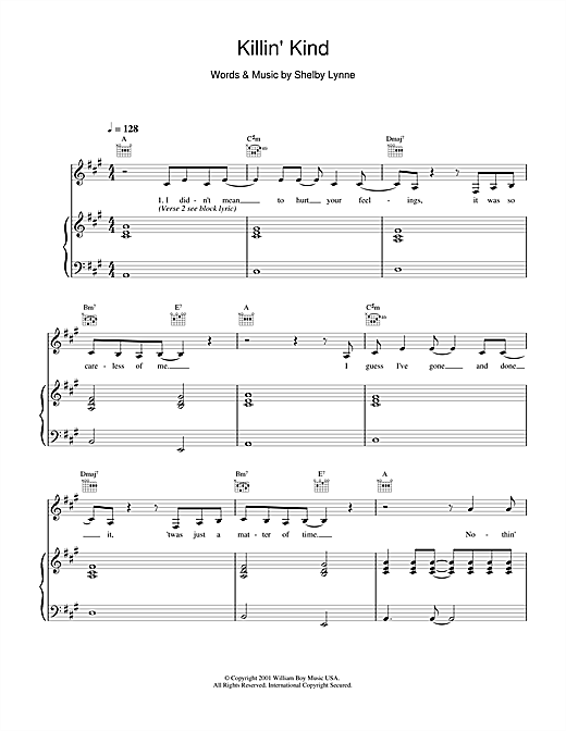 Preview Shelby Lynne Killin' Kind Rock sheet music, notes and chords for Piano, Vocal & Guitar, SKU: 18977 sheet music, piano notes, chords, guitar tabs, score, transpose, transcribe, how to play, guide, download, learn, tutorial, progression, song, artist, awards, billboard, mtv, vh1, tour, single, album, release