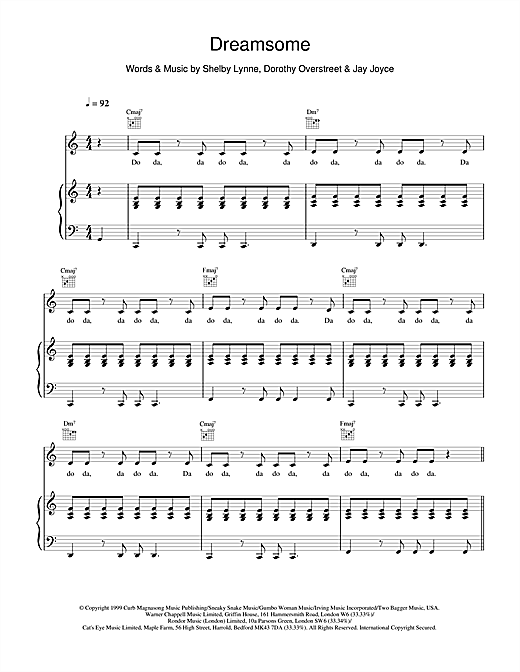 Preview Shelby Lynne Dreamsome Rock sheet music, notes and chords for Piano, Vocal & Guitar, SKU: 18978 sheet music, piano notes, chords, guitar tabs, score, transpose, transcribe, how to play, guide, download, learn, tutorial, progression, song, artist, awards, billboard, mtv, vh1, tour, single, album, release