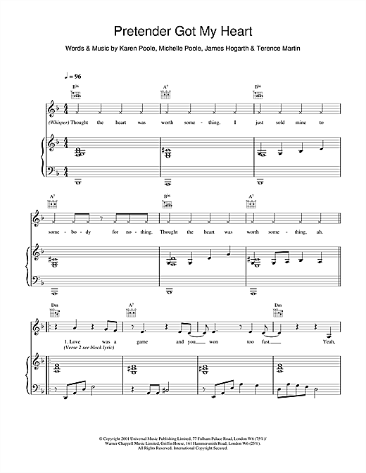 Preview Alisha's Attic Pretender Got My Heart Pop sheet music, notes and chords for Piano, Vocal & Guitar, SKU: 18980 sheet music, piano notes, chords, guitar tabs, score, transpose, transcribe, how to play, guide, download, learn, tutorial, progression, song, artist, awards, billboard, mtv, vh1, tour, single, album, release