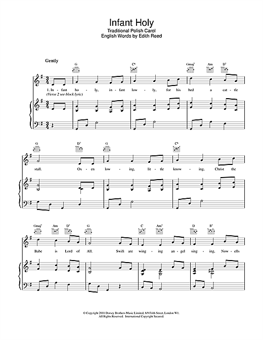 Preview Christmas Carol Infant Holy Christmas sheet music, notes and chords for Piano & Vocal, SKU: 18993 sheet music, piano notes, chords, guitar tabs, score, transpose, transcribe, how to play, guide, download, learn, tutorial, progression, song, artist, awards, billboard, mtv, vh1, tour, single, album, release