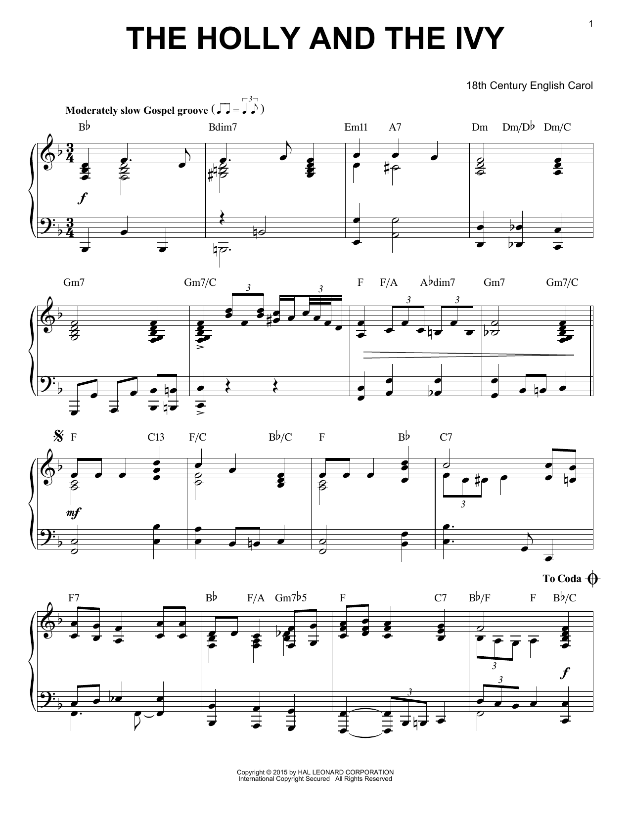 18th Century English Carol The Holly And The Ivy [Jazz version] (arr. Brent Edstrom) Sheet Music Notes & Chords for Piano - Download or Print PDF