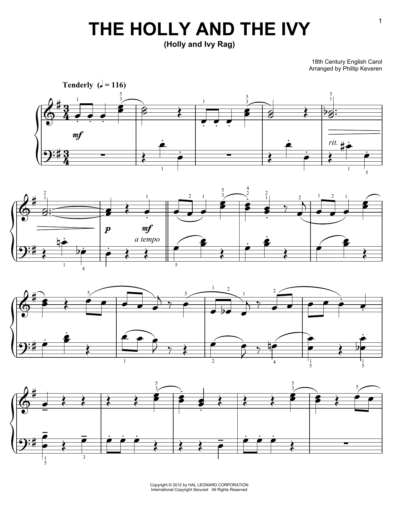 18th Century English Carol The Holly And The Ivy [Ragtime version] (arr. Phillip Keveren) Sheet Music Notes & Chords for Easy Piano - Download or Print PDF
