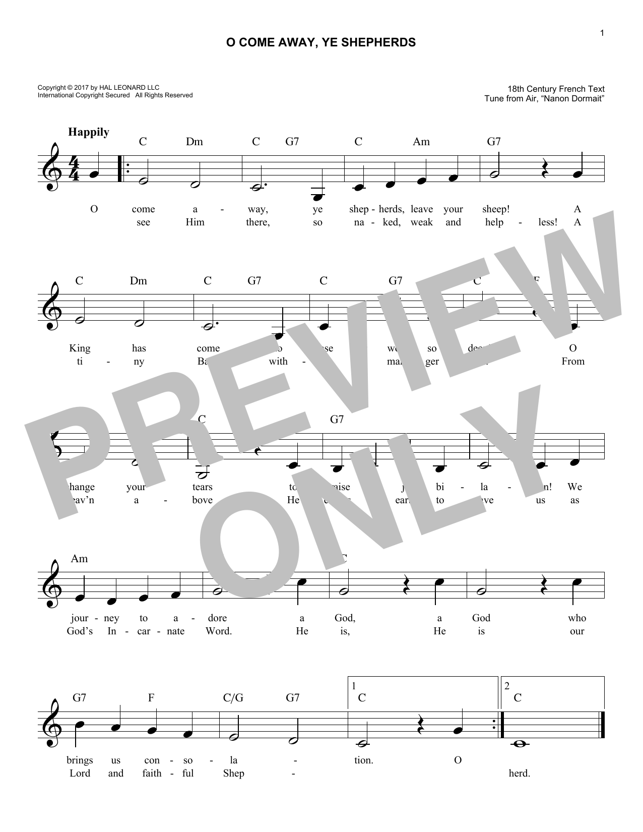 Traditional Carol O Come Away, Ye Shepherds Sheet Music Notes & Chords for Melody Line, Lyrics & Chords - Download or Print PDF