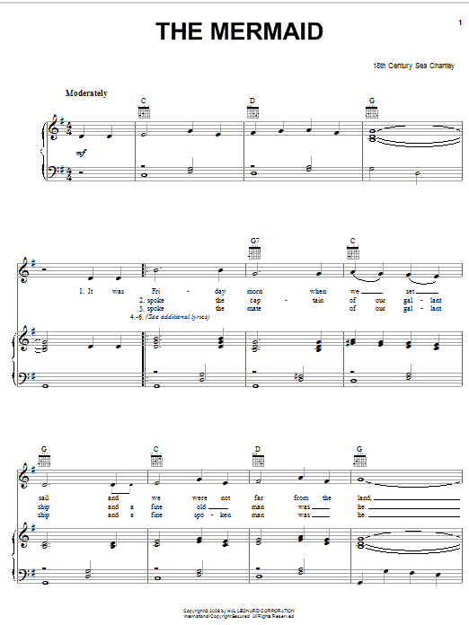 Preview 18th Century Sea Chantey The Mermaid World sheet music, notes and chords for Piano, Vocal & Guitar (Right-Hand Melody), SKU: 56787 The Mermaid sheet music