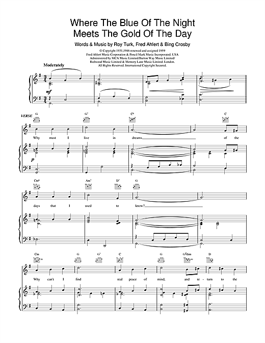 Preview Bing Crosby Where The Blue Of The Night Meets The Gold Of The Day Musicals sheet music, notes and chords for Piano, Vocal & Guitar (Right-Hand Melody), SKU: 19008 sheet music, piano notes, chords, guitar tabs, score, transpose, transcribe, how to play, guide, download, learn, tutorial, progression, song, artist, awards, billboard, mtv, vh1, tour, single, album, release