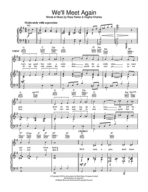 Preview Ross Parker & Hughie Charles We'll Meet Again Musicals sheet music, notes and chords for Piano, Vocal & Guitar (Right-Hand Melody), SKU: 19013 sheet music, piano notes, chords, guitar tabs, score, transpose, transcribe, how to play, guide, download, learn, tutorial, progression, song, artist, awards, billboard, mtv, vh1, tour, single, album, release