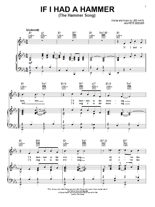 Preview Peter, Paul & Mary If I Had A Hammer (The Hammer Song) Jazz sheet music, notes and chords for Piano, Vocal & Guitar (Right-Hand Melody), SKU: 19018 sheet music, piano notes, chords, guitar tabs, score, transpose, transcribe, how to play, guide, download, learn, tutorial, progression, song, artist, awards, billboard, mtv, vh1, tour, single, album, release