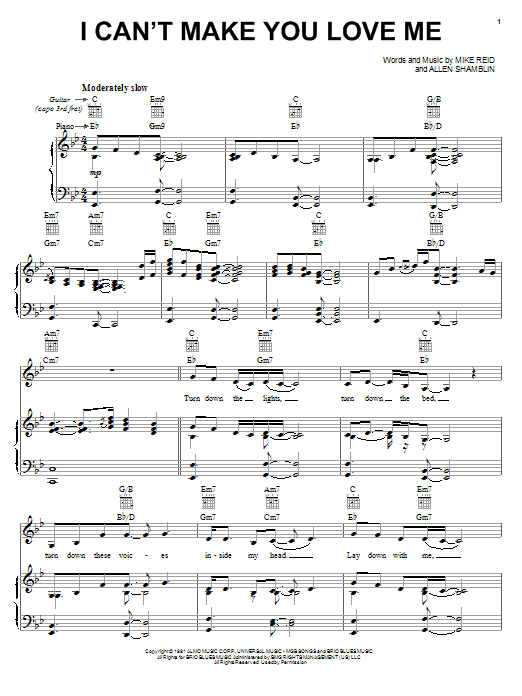 Preview Bonnie Raitt I Can't Make You Love Me Pop sheet music, notes and chords for Piano, Vocal & Guitar (Right-Hand Melody), SKU: 19023 sheet music, piano notes, chords, guitar tabs, score, transpose, transcribe, how to play, guide, download, learn, tutorial, progression, song, artist, awards, billboard, mtv, vh1, tour, single, album, release