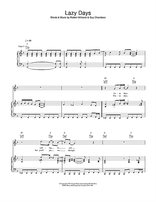 Preview Robbie Williams Lazy Days Pop sheet music, notes and chords for Piano, Vocal & Guitar (Right-Hand Melody), SKU: 19027 sheet music, piano notes, chords, guitar tabs, score, transpose, transcribe, how to play, guide, download, learn, tutorial, progression, song, artist, awards, billboard, mtv, vh1, tour, single, album, release